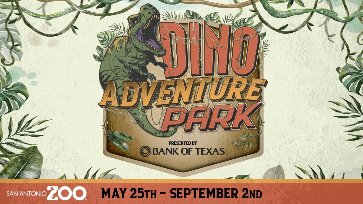 The logo for Dino Adventure Park, featuring big block letters in orange and gold, and a green t-rex roaring