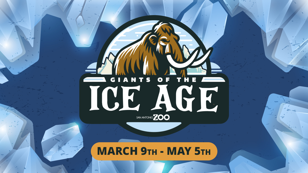 Logo for the Giant Ice Age, featuring an animated mammoth posing near mountains and a light blue sky