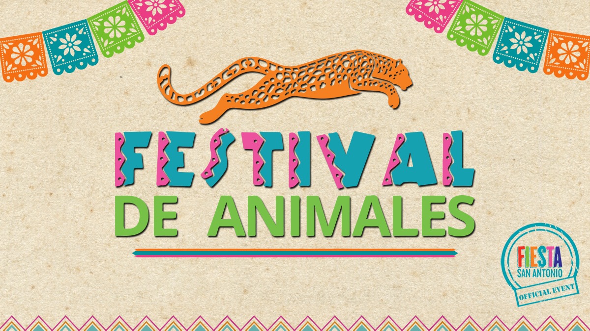 Logo for the Festival de Animales in colorful writing with an orange leopard leaping across the top