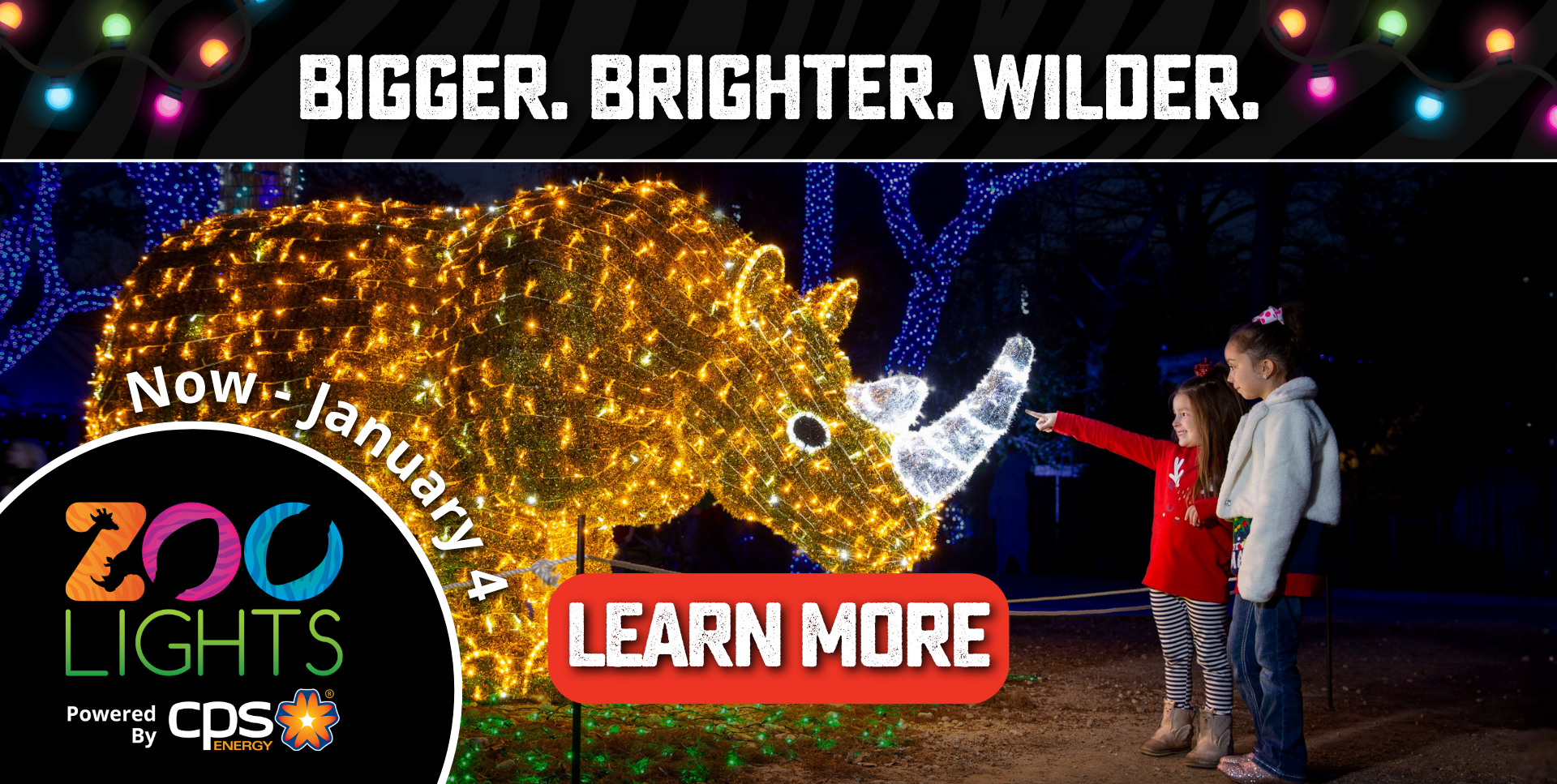 Children admiring glowing rhino light sculpture at San Antonio Zoo Lights holiday event