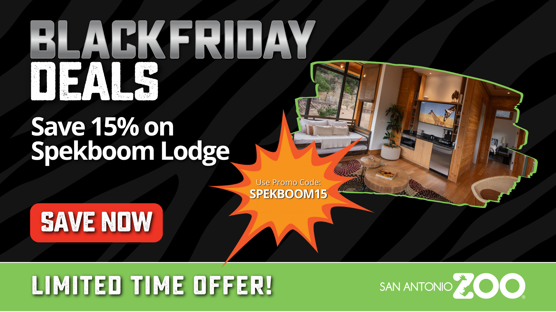 Black Friday deals at San Antonio Zoo with 15% off Spekboom Lodge and cozy interior photo
