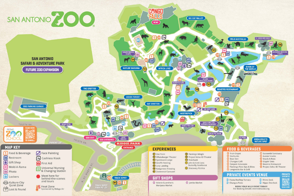San Antonio Zoo map showing exhibits, animal areas, dining options, restrooms, and guest services for visitors